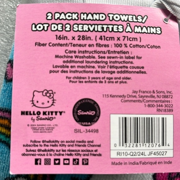 🆕 Hello Kitty Hand Towels 2 Pack Rainbow Hearts 100% Cotton Blue 16”x28” - Picture 4 of 4